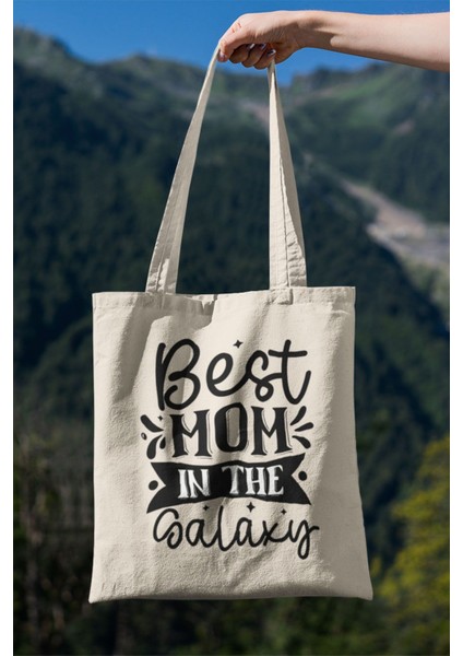 Best Mom In The Galaxy Baskılı Anneler Günü Hediyelik Bej %100 Pamuklu Ham Bez Bej Çanta