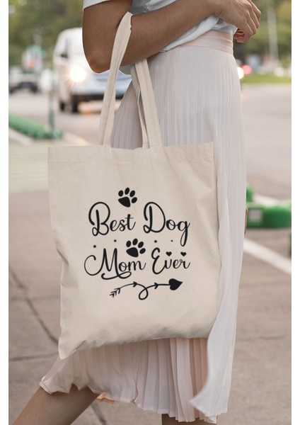 Best Dog Mom Ever No:2 Baskılı Anneler Günü Hediyelik Bej %100 Pamuklu Ham Bez Bej Çanta