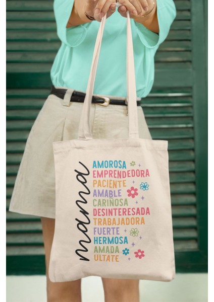 Ispanyolca Anne Quotes Baskılı Anneler Günü Hediyelik Bej %100 Pamuklu Ham Bez Bej Çanta