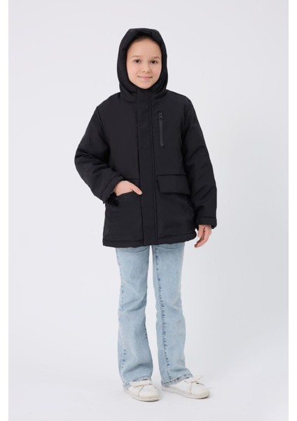 Spor Kız Çocuk Taba Kürklü Su ve Rüzgar Geçirmez Kapüşonlu 3 Mont Parka