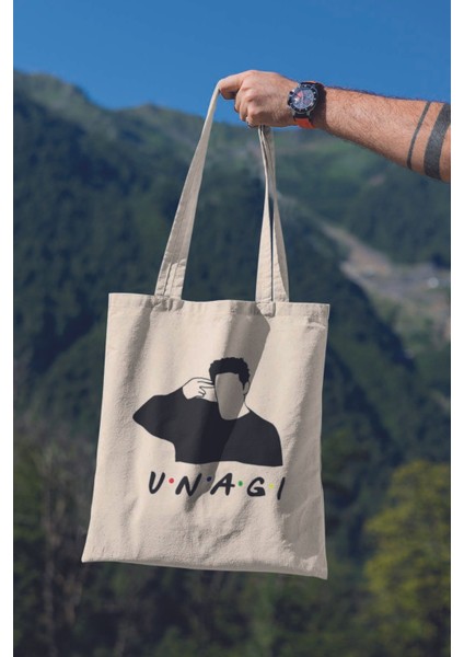 Unagi Friends Ross Hediyelik Baskılı %100 Pamuklu Ham Bez Bej Çanta