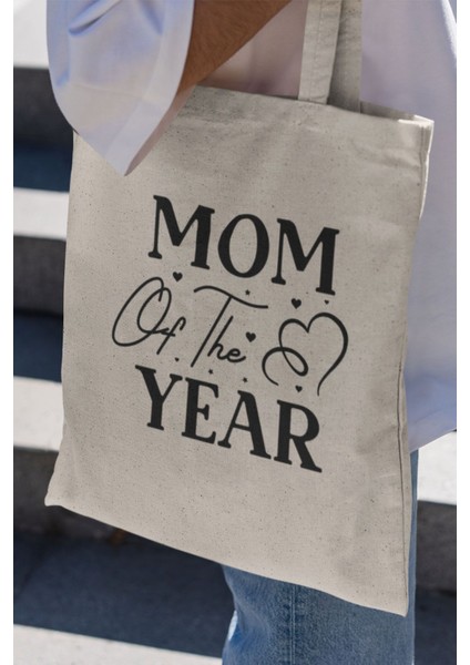 Mom Of The Year Baskılı Anneler Günü Hediyelik Bej %100 Pamuklu Ham Bez Bej Çanta