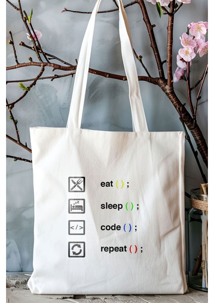 Eat Sleep Code Repeat Yazılımcı Mühendis Hediyelik Baskılı %100 Pamuklu Ham Bez Bej Çanta