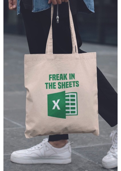 Freak In The Sheets Muhasebeci Excel Hediyelik Baskılı %100 Pamuklu Ham Bez Bej Çanta