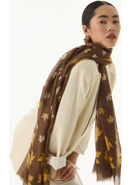 Zeta Kahve Yaprak Desen Pamuklu Şal
