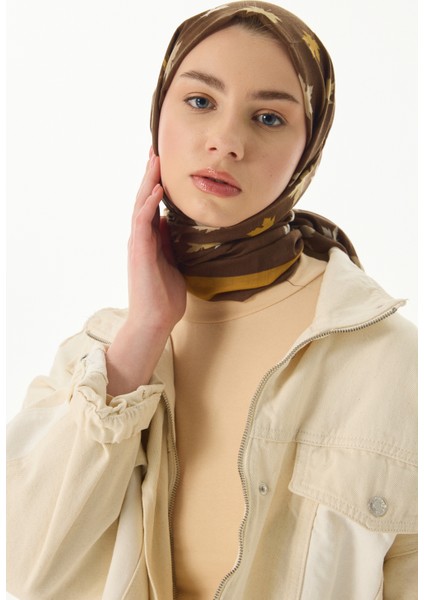 Zeta Kahve Yaprak Desen Pamuklu Şal