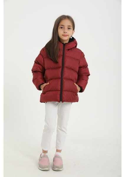 Kız Çocuk Polarlı Kapüşonlu Su Geçirmez Rüzgara Dayanıklı Cepli Şişme Kışlık Mont