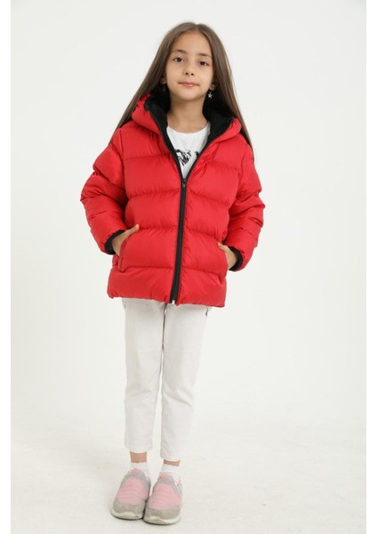 Kız Çocuk Polarlı Kapüşonlu Su Geçirmez Rüzgara Dayanıklı Cepli Şişme Kışlık Mont