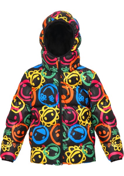 Kız Çocuk Gülen Emoji Polarlı Kürklü Su ve Rüzgar Geçirmez Kapüşonlu Cepli Kışlık Şişme Mont