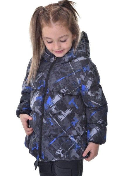Kız Çocukdijital Desen Polar Su ve Rüzgar Geçirmez Kapüşonlu Şişme Kışlık Mont