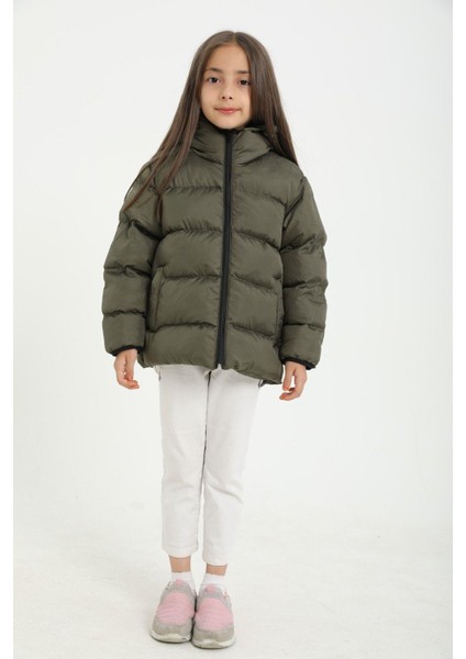 Kız Çocuk Polarlı Kapüşonlu Su Geçirmez Rüzgara Dayanıklı Cepli Şişme Kışlık Mont