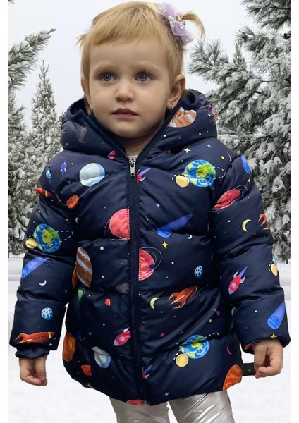 Kız Çocuk Polarlı Kapüşonlu Gezegen Yıldız Desenli Kışlık Şişme Mont & Kaban & Parka