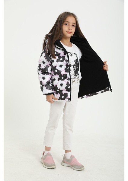 Spor Kız Çocukçiçek Desen Polar Su ve Rüzgar Geçirmez Kapüşonlu Şişme Mont