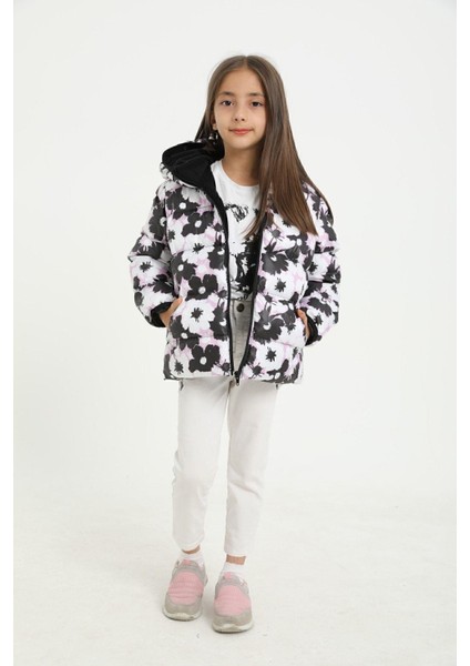 Spor Kız Çocukçiçek Desen Polar Su ve Rüzgar Geçirmez Kapüşonlu Şişme Mont fiyatları