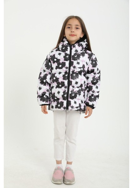 Spor Kız Çocukçiçek Desen Polar Su ve Rüzgar Geçirmez Kapüşonlu Şişme Mont fırsatları