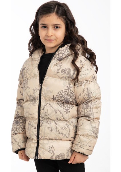 Spor Kız Çocukçiçek Desen Polar Su ve Rüzgar Geçirmez Kapüşonlu Şişme Mont fiyatları