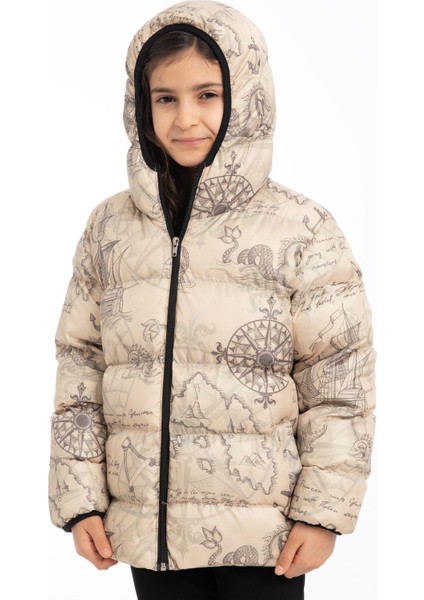 Spor Kız Çocukçiçek Desen Polar Su ve Rüzgar Geçirmez Kapüşonlu Şişme Mont modelleri