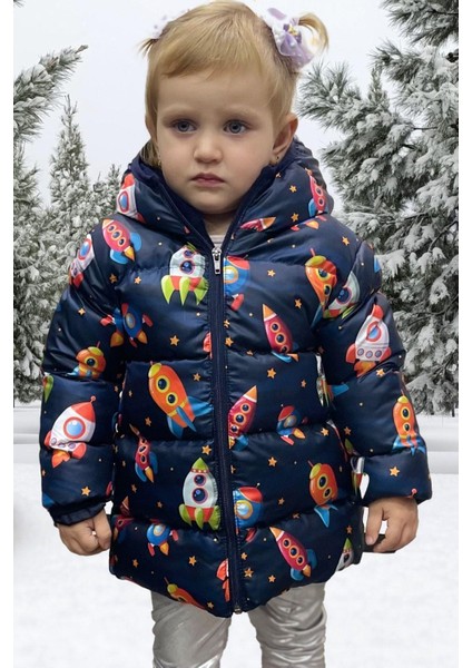Kız Çocuk Polarlı Kapüşonlu Roket Desenli Kışlık Şişme Mont & Kaban & Parka