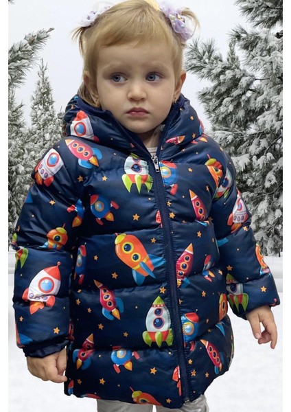 Kız Çocuk Polarlı Kapüşonlu Roket Desenli Kışlık Şişme Mont & Kaban & Parka modelleri