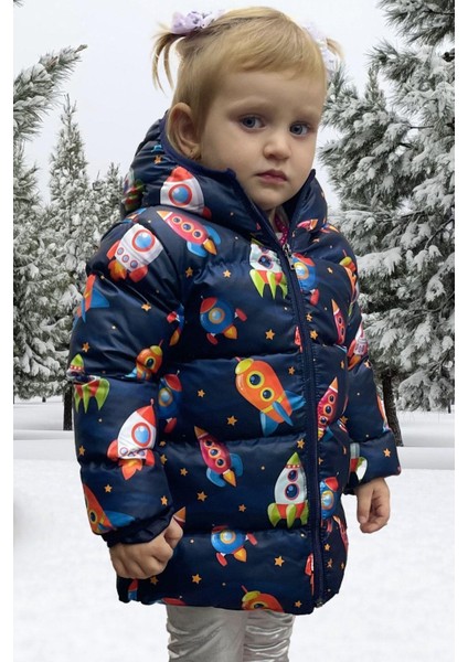 Kız Çocuk Polarlı Kapüşonlu Roket Desenli Kışlık Şişme Mont & Kaban & Parka fırsatları