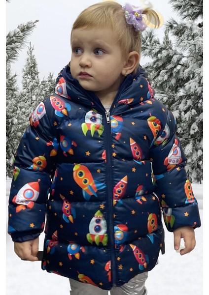 Kız Çocuk Polarlı Kapüşonlu Roket Desenli Kışlık Şişme Mont & Kaban & Parka indirimleri