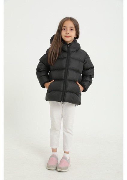 Kız Çocuk Polarlı Kapüşonlu Su Geçirmez Rüzgara Dayanıklı Cepli Şişme Kışlık Mont