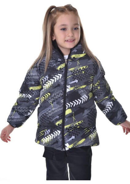 Kız Çocukdijital Desen Polar Su ve Rüzgar Geçirmez Kapüşonlu Şişme Kışlık Mont