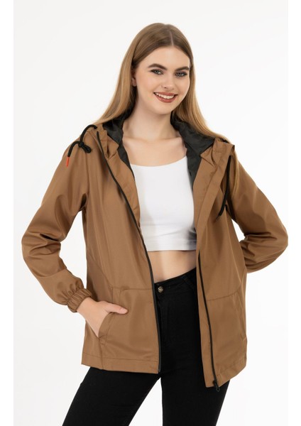 Kadın Astarlı Su Geçirmez ve Rüzgara Dayanıklı Kapüşonlu Cepli Yağmurluk - Rüzgarlık fiyatları