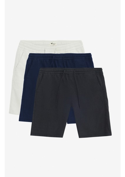 3'lü Paket %100 Pamuk Rahat Comfort Fit Beli Bağlamalı Yan Cepli Şort