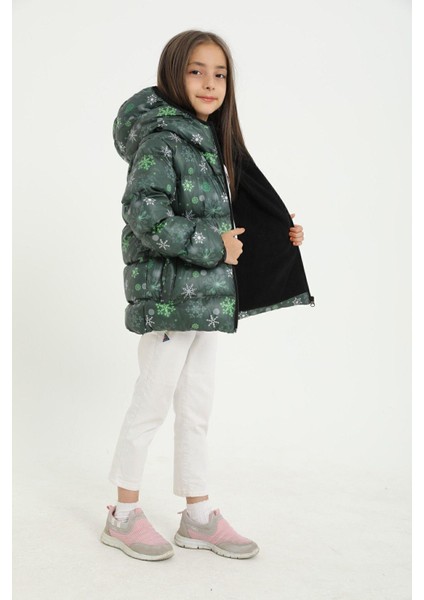 Spor Kız Çocukçiçek Desen Polar Su ve Rüzgar Geçirmez Kapüşonlu Şişme Mont