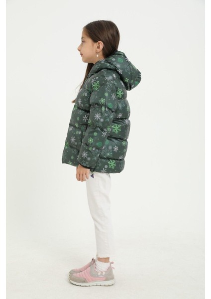 Spor Kız Çocukçiçek Desen Polar Su ve Rüzgar Geçirmez Kapüşonlu Şişme Mont indirimleri