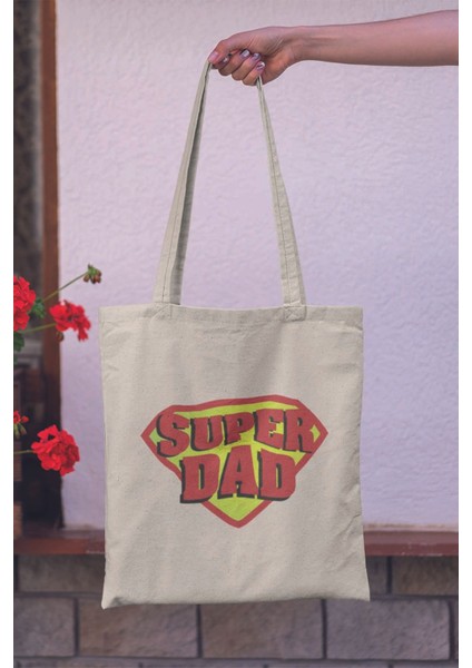 Super Dad Babalar Günü Hediyelik Baskılı %100 Pamuklu Ham Bez Bej Çanta