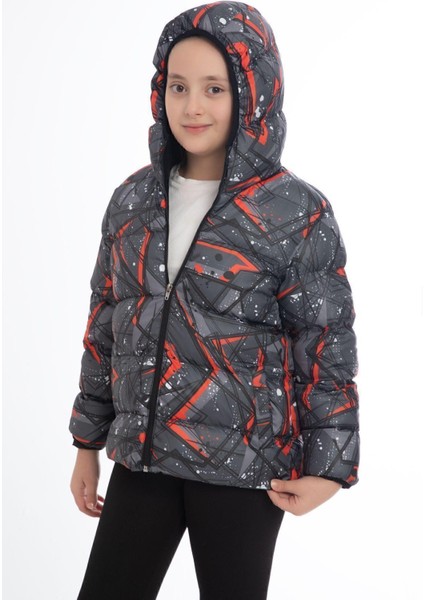 Kız Çocuk Kar Tanesi Desen Polar Su ve Rüzgar Geçirmez Kapüşonlu Cepli Şişme Kışlık Mont