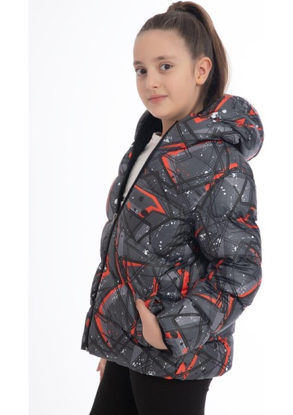 Kız Çocuk Kar Tanesi Desen Polar Su ve Rüzgar Geçirmez Kapüşonlu Cepli Şişme Kışlık Mont modelleri