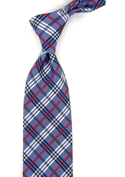 Mavi Ekose Desen Mendilli Klasik Kravat KK13196