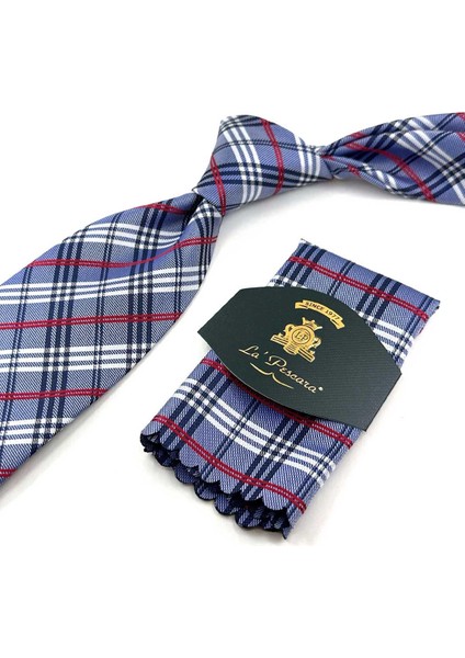 Mavi Ekose Desen Mendilli Klasik Kravat KK13196 fiyatları
