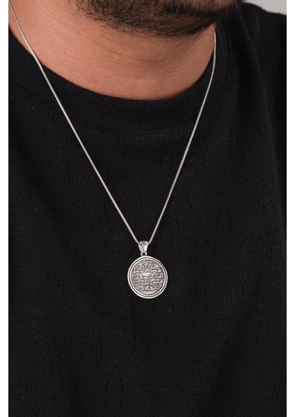 Gümüş Nazar Ayeti Kolye (Kalem Suresi 51-52. Ayet) Eskitme Karartılmış Erkek Kolye