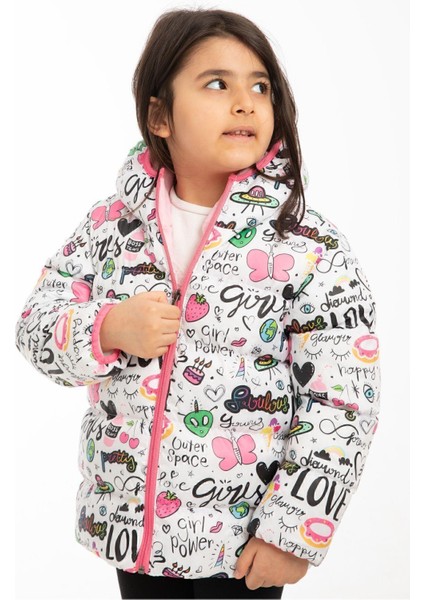 Kız Çocuk Polarlı Kapüşonlu Girls Yazılı Kelebek Desenli Kışlık Şişme Mont & Kaban & Parka