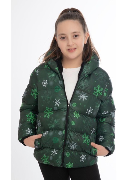 Kız Çocuk Kar Tanesi Desen Polar Su ve Rüzgar Geçirmez Kapüşonlu Cepli Şişme Kışlık Mont