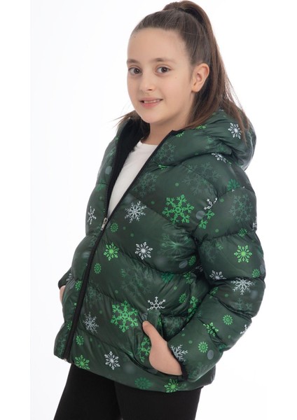 Kız Çocuk Kar Tanesi Desen Polar Su ve Rüzgar Geçirmez Kapüşonlu Cepli Şişme Kışlık Mont fiyatları