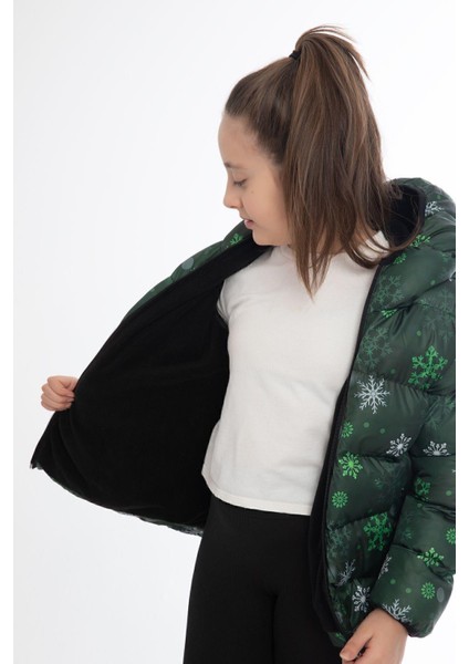 Kız Çocuk Kar Tanesi Desen Polar Su ve Rüzgar Geçirmez Kapüşonlu Cepli Şişme Kışlık Mont modelleri