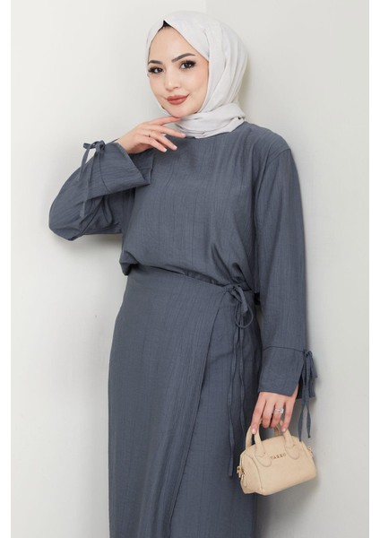 Bağcık Detaylı Etekli Takım Füme HM2724 modelleri