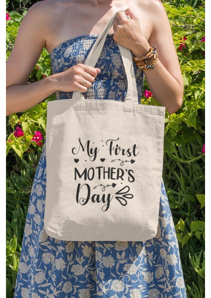 My First Mother's Day Baskılı Anneler Günü Hediyelik Bej %100 Pamuklu Ham Bez Bej Çanta