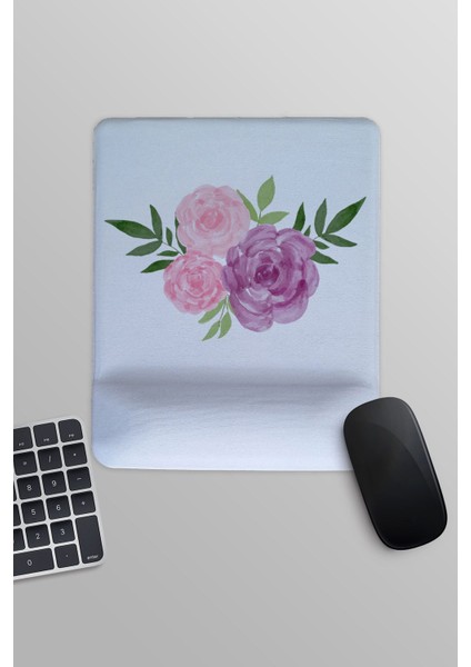 Renkli Güller Baskılı Dikdörtgen Bilek Destekli Mousepad