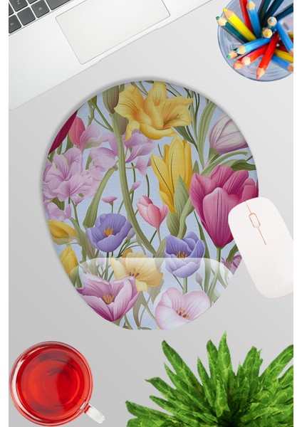 Vintage Bahçe Çiçekler Oyuncu Gaming Oval Bilek Destekli Mousepad