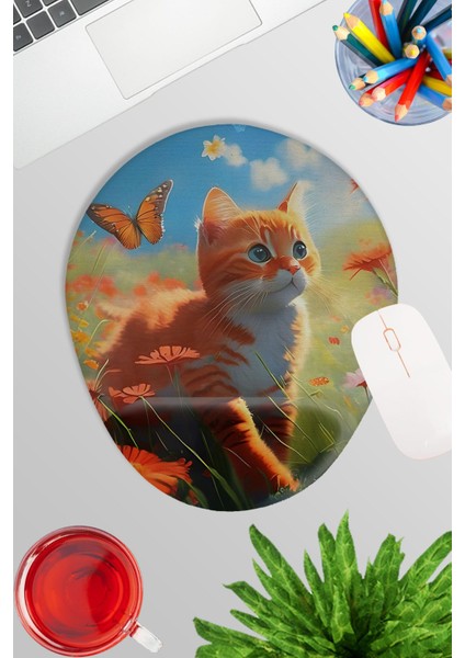 Yaz Temalı Sevimli Kediler No:1 Oyuncu Gaming Oval Bilek Destekli Mousepad