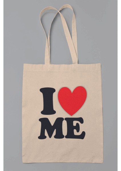I Love Me Baskılı %100 Pamuklu Ham Bez Bej Çanta