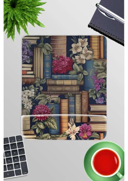 Çiçek ve Kitaplar No:1 Oyuncu Gaming Dikdörtgen Bilek Destekli Mousepad