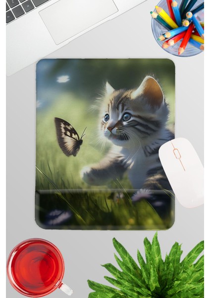 Yaz Temalı Sevimli Kediler No:2 Oyuncu Gaming Dikdörtgen Bilek Destekli Mousepad