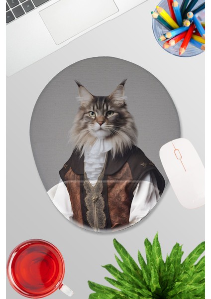 Ortaçağ Kostümlü Kediler No:2 Oyuncu Gaming Oval Bilek Destekli Mousepad